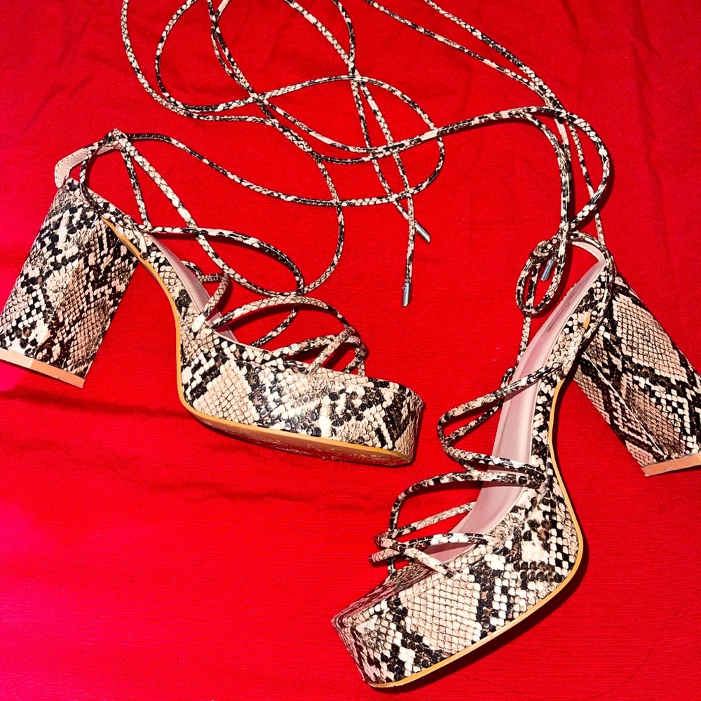 Brown Snake Platform Block Heeled Sandals.